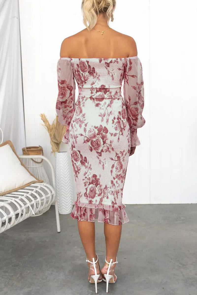 Flowers Patchwork Fold Off the Shoulder Wrapped Skirt Dresses