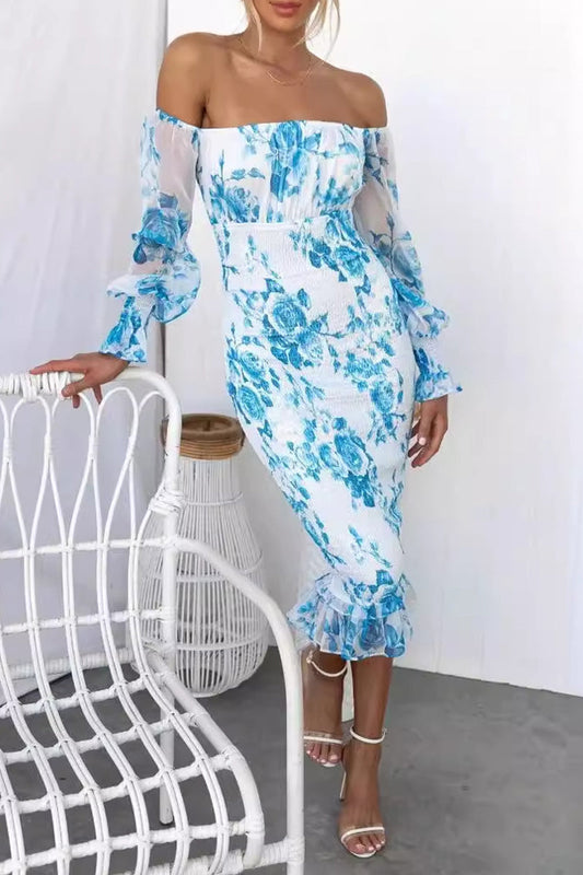 Flowers Patchwork Fold Off the Shoulder Wrapped Skirt Dresses