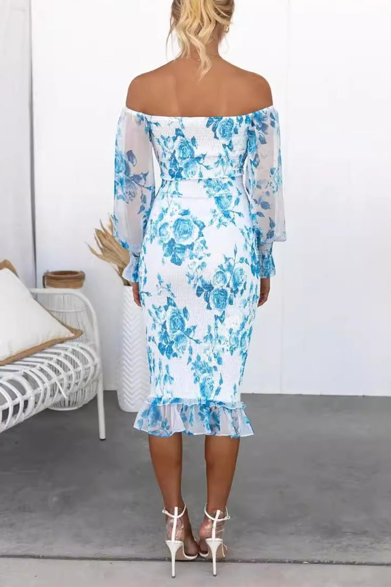 Flowers Patchwork Fold Off the Shoulder Wrapped Skirt Dresses