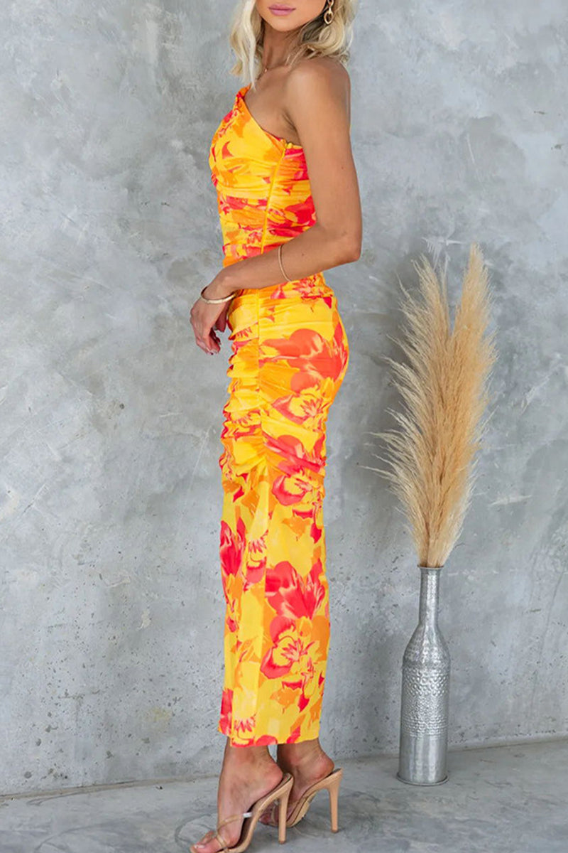 Gradient Print Fold Oblique Collar One Step Skirt Dresses
