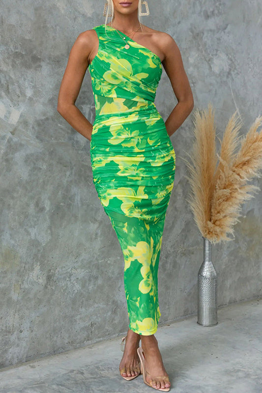 Gradient Print Fold Oblique Collar One Step Skirt Dresses
