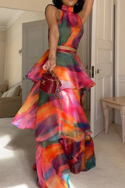 Gradient Print Stringy Selvedge Turtleneck Cake Skirt Dresses