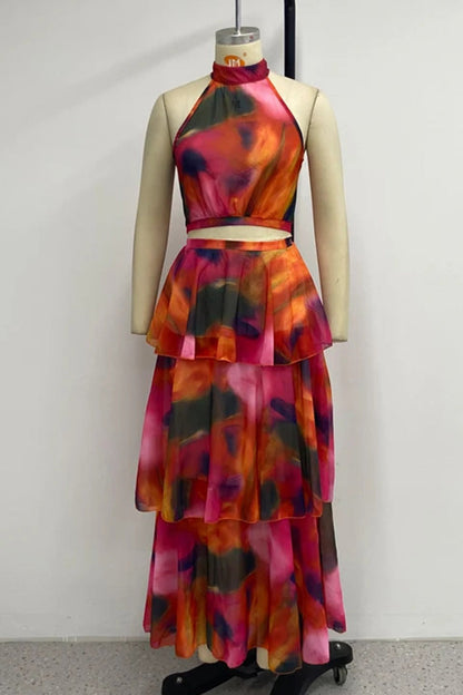 Gradient Print Stringy Selvedge Turtleneck Cake Skirt Dresses