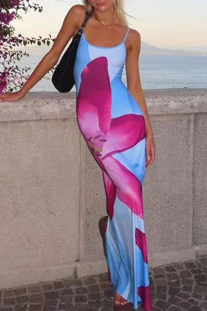 Print Flowers U Neck One Step Skirt Dresses