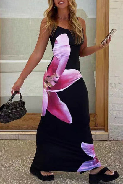 Print Flowers U Neck One Step Skirt Dresses
