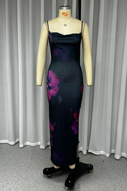 Print Flowers Pleated Square Collar One Step Skirt Dresses