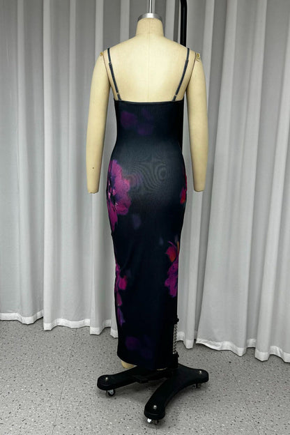 Print Flowers Pleated Square Collar One Step Skirt Dresses