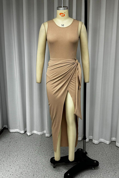 Frenulum Fold Asymmetrical O Neck Wrapped Skirt Dresses