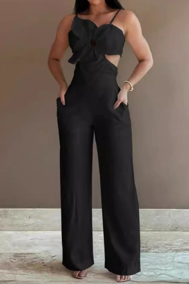 Hollowed Out Pocket Flowers Regular Jumpsuits