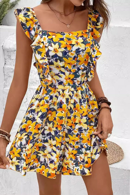 Frenulum Backless Flounce Square Collar Loose Rompers(4 Colors)