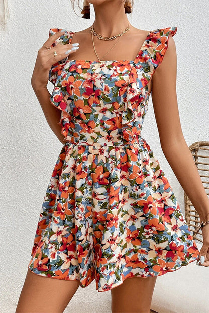 Frenulum Backless Flounce Square Collar Loose Rompers(4 Colors)