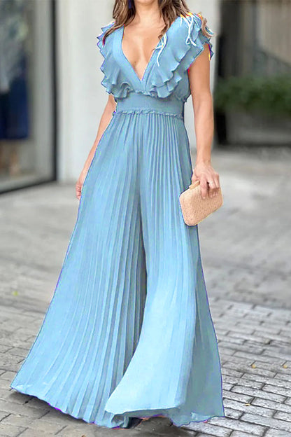 Flounce Fold V Neck Jumpsuits