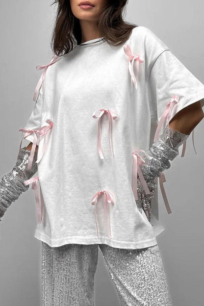 Sweet Daily With Bow O Neck T-shirts