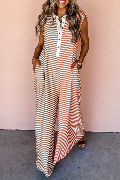 Striped Pocket Contrast O Neck Loose Jumpsuits