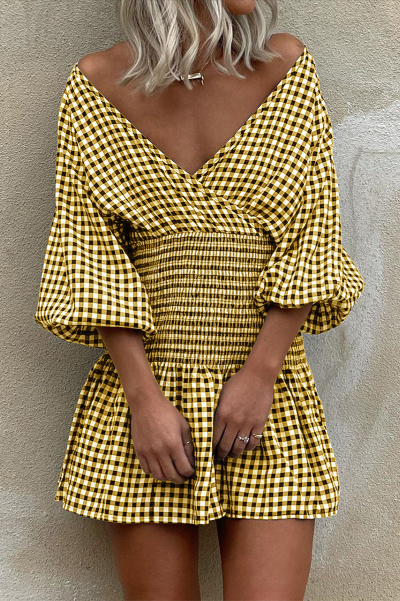 Plaid V Neck Waist Skirt Dresses(5 Colors)