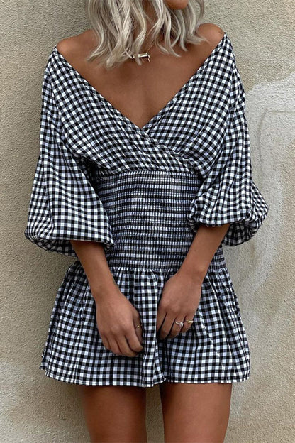 Plaid V Neck Waist Skirt Dresses(5 Colors)