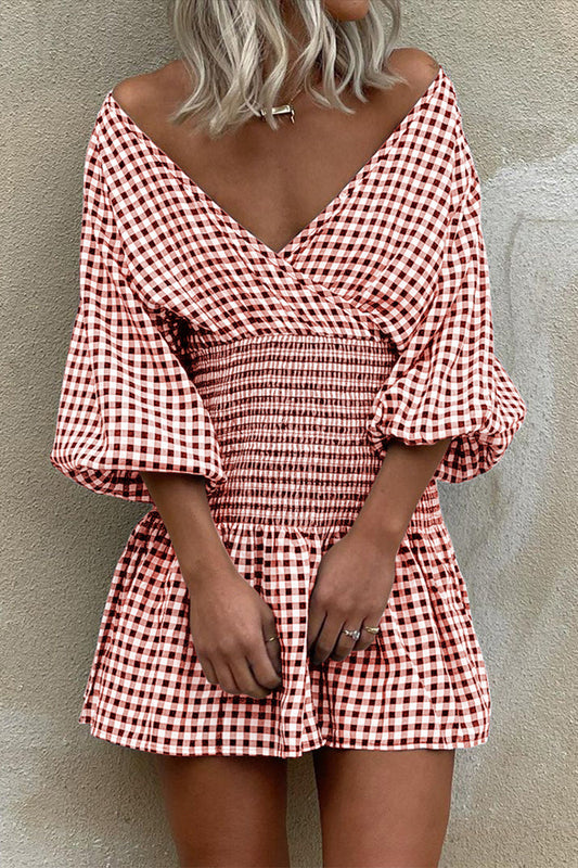 Plaid V Neck Waist Skirt Dresses(5 Colors)
