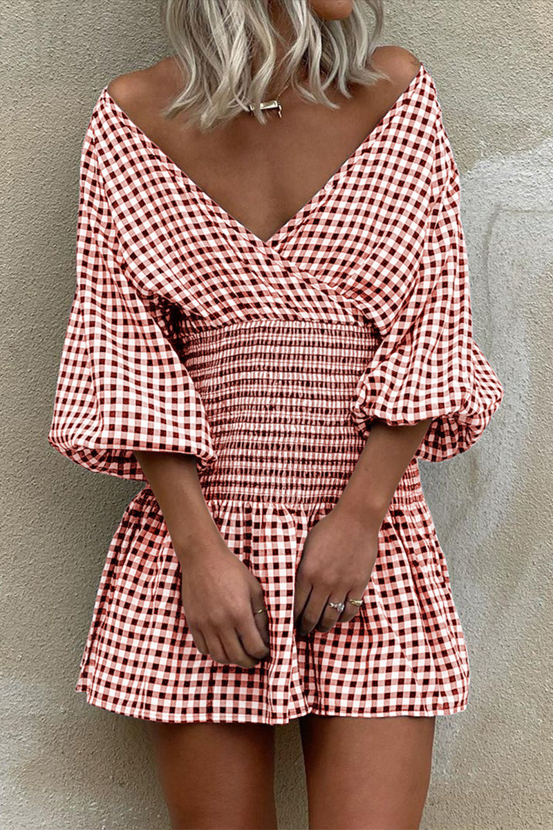 Plaid V Neck Waist Skirt Dresses(5 Colors)