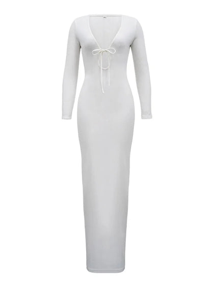 V-neck High Waist Slim Maxi Dress – Bandage Long Sleeve Party Dress Summer