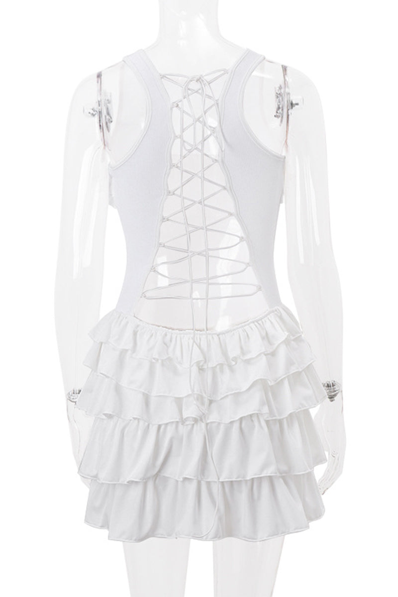 Backless Flounce Strap Design O Neck Cake Skirt Dresses