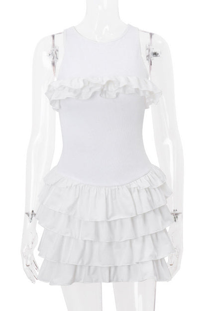 Backless Flounce Strap Design O Neck Cake Skirt Dresses