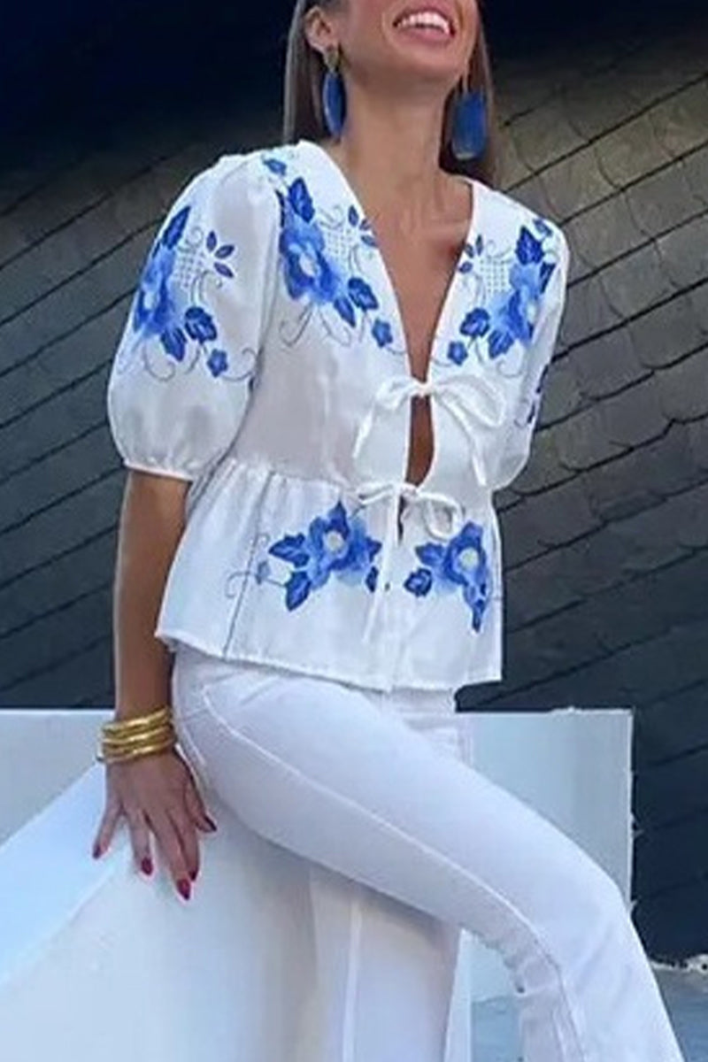 Print Flowers Frenulum V Neck Blouses