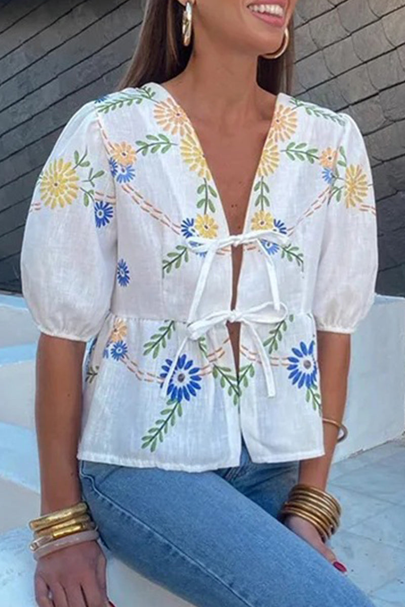 Print Flowers Frenulum V Neck Blouses