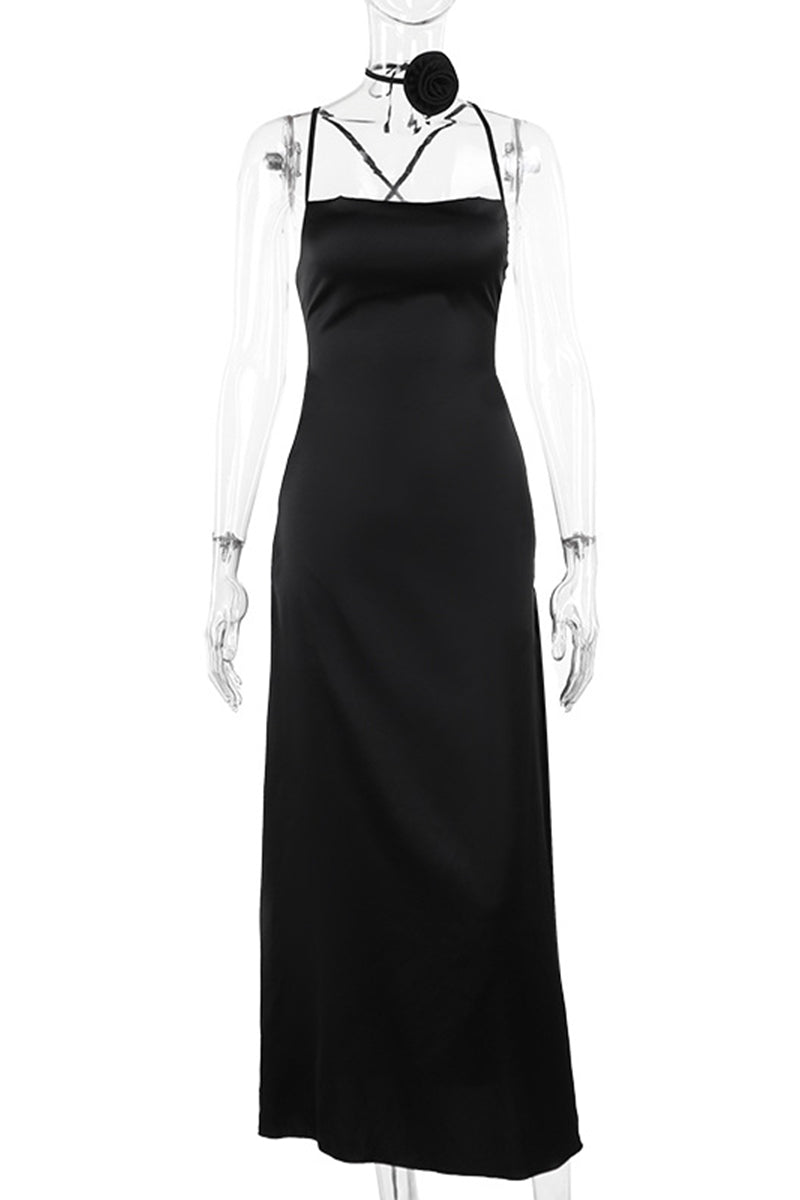 Sweet Bandage Backless Flowers U Neck One Step Skirt Dresses