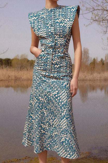 Pocket Buttons O Neck One Step Skirt Dresses