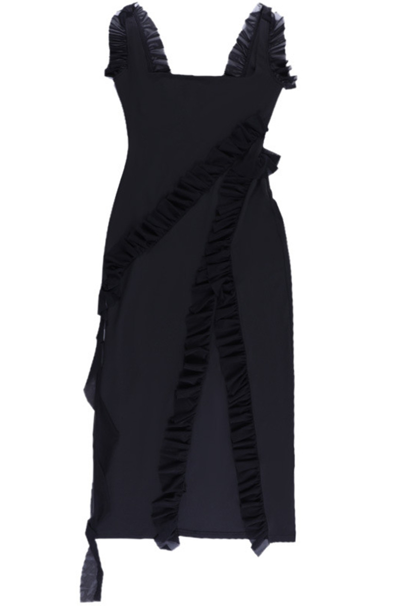 Patchwork Backless Slit Spaghetti Strap Long Dresses(3 Colors)