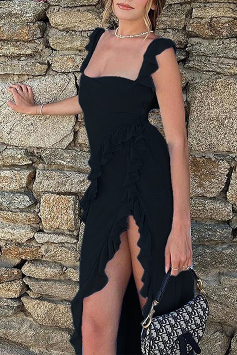 Patchwork Backless Slit Spaghetti Strap Long Dresses(3 Colors)