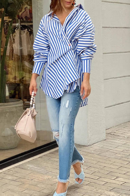 Striped Print Patchwork Asymmetrical Shirt Collar Blouses