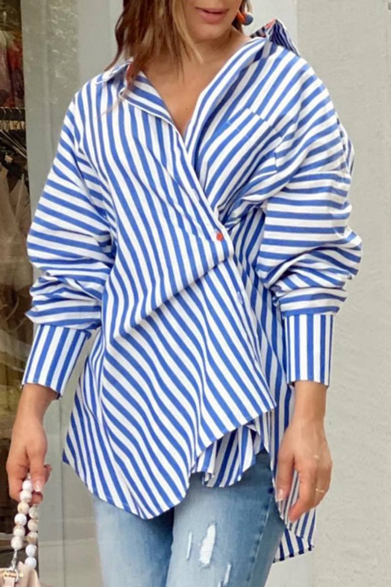 Striped Print Patchwork Asymmetrical Shirt Collar Blouses
