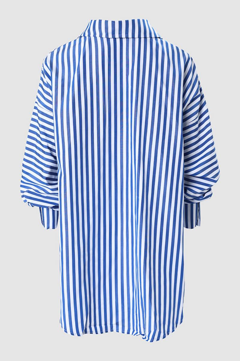 Striped Print Patchwork Asymmetrical Shirt Collar Blouses