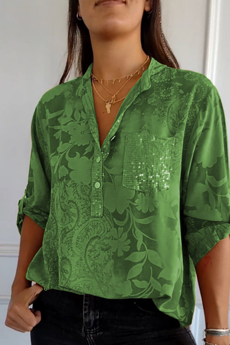Pocket Contrast Mandarin Collar Blouses(10 Colors)