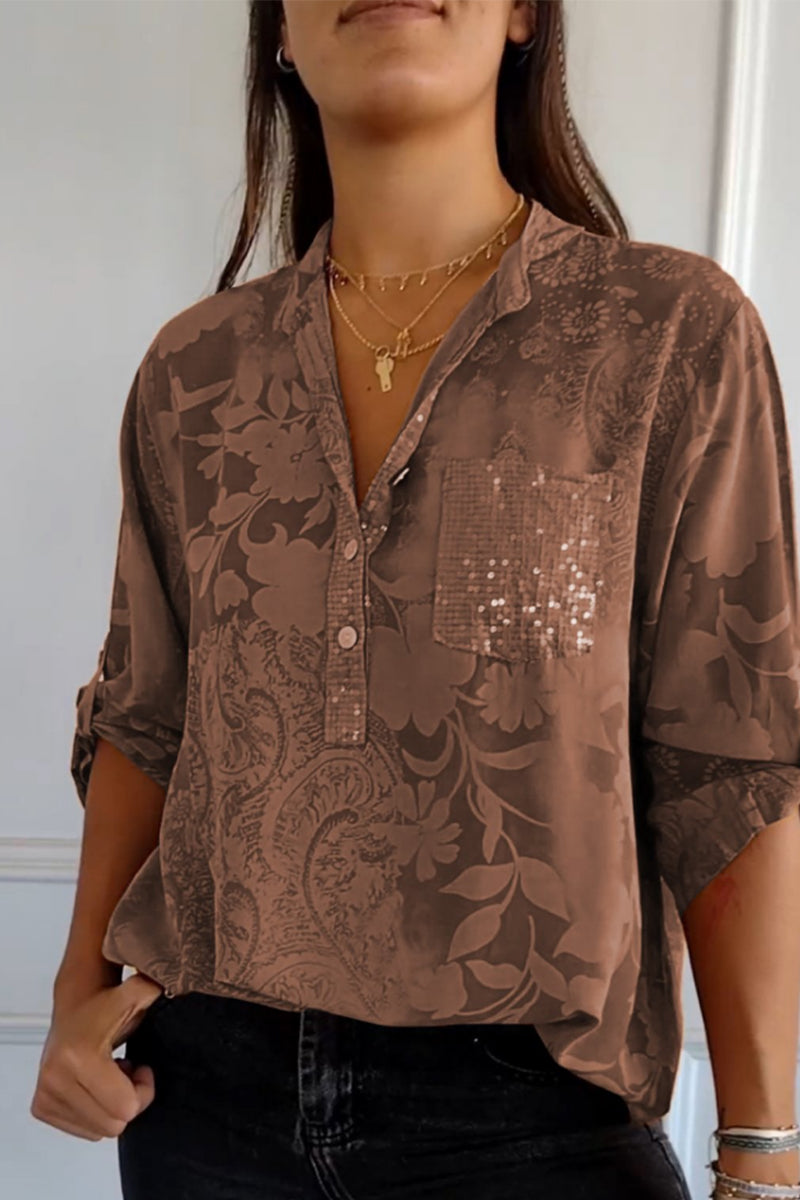 Pocket Contrast Mandarin Collar Blouses(10 Colors)