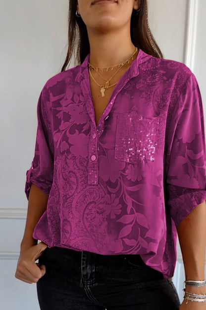Pocket Contrast Mandarin Collar Blouses(10 Colors)
