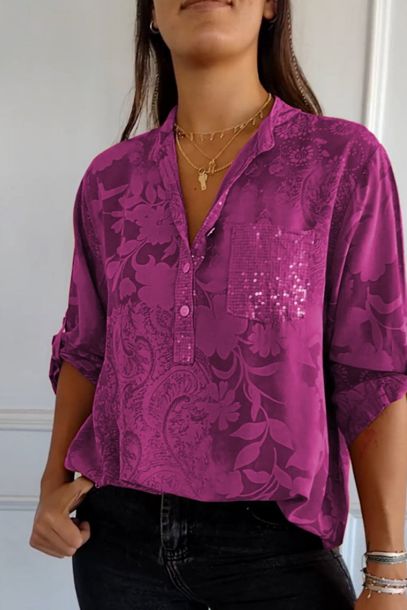 Pocket Contrast Mandarin Collar Blouses(10 Colors)