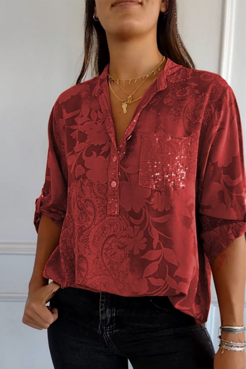 Pocket Contrast Mandarin Collar Blouses(10 Colors)