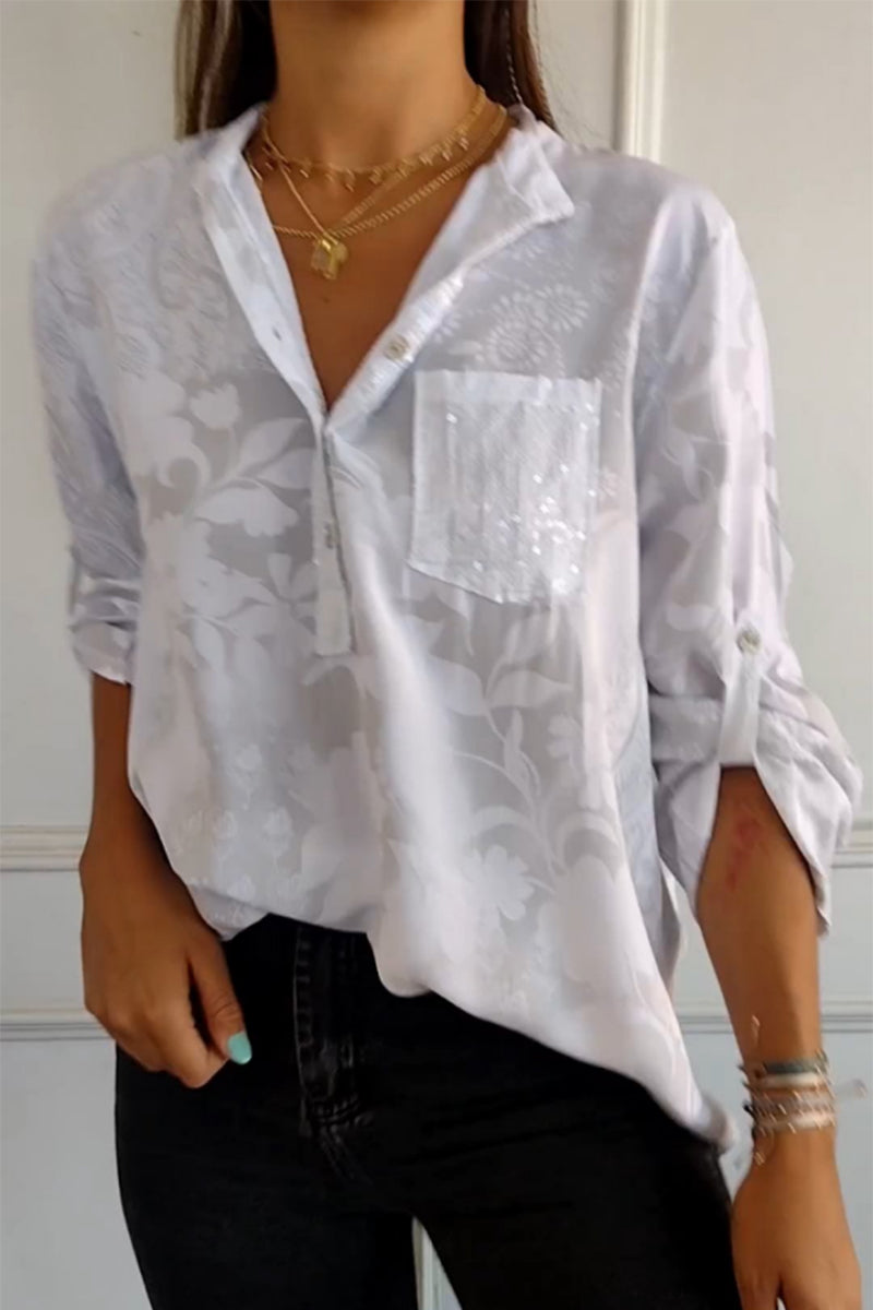 Pocket Contrast Mandarin Collar Blouses(10 Colors)