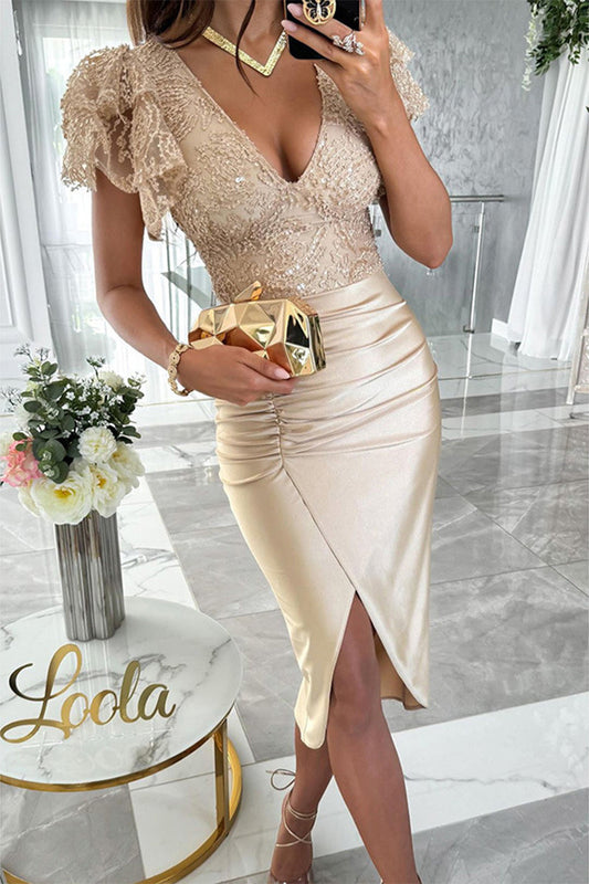 Celebrities Sequins Fold V Neck Wrapped Skirt Dresses