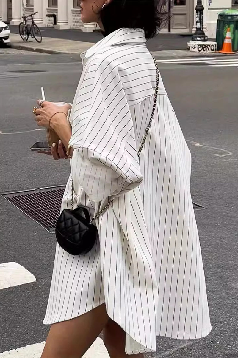 Striped Print Pocket Turndown Collar Blouses