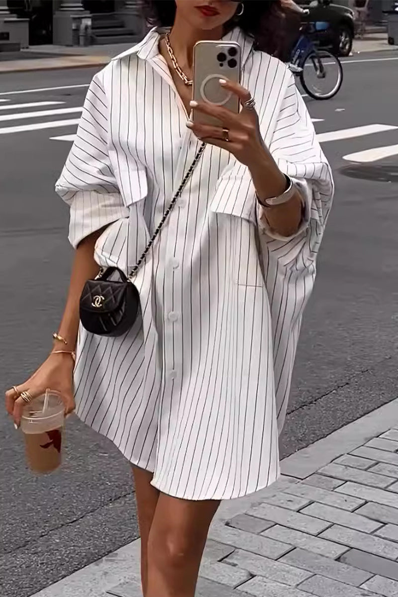 Striped Print Pocket Turndown Collar Blouses
