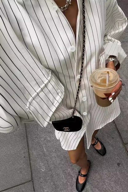 Striped Print Pocket Turndown Collar Blouses