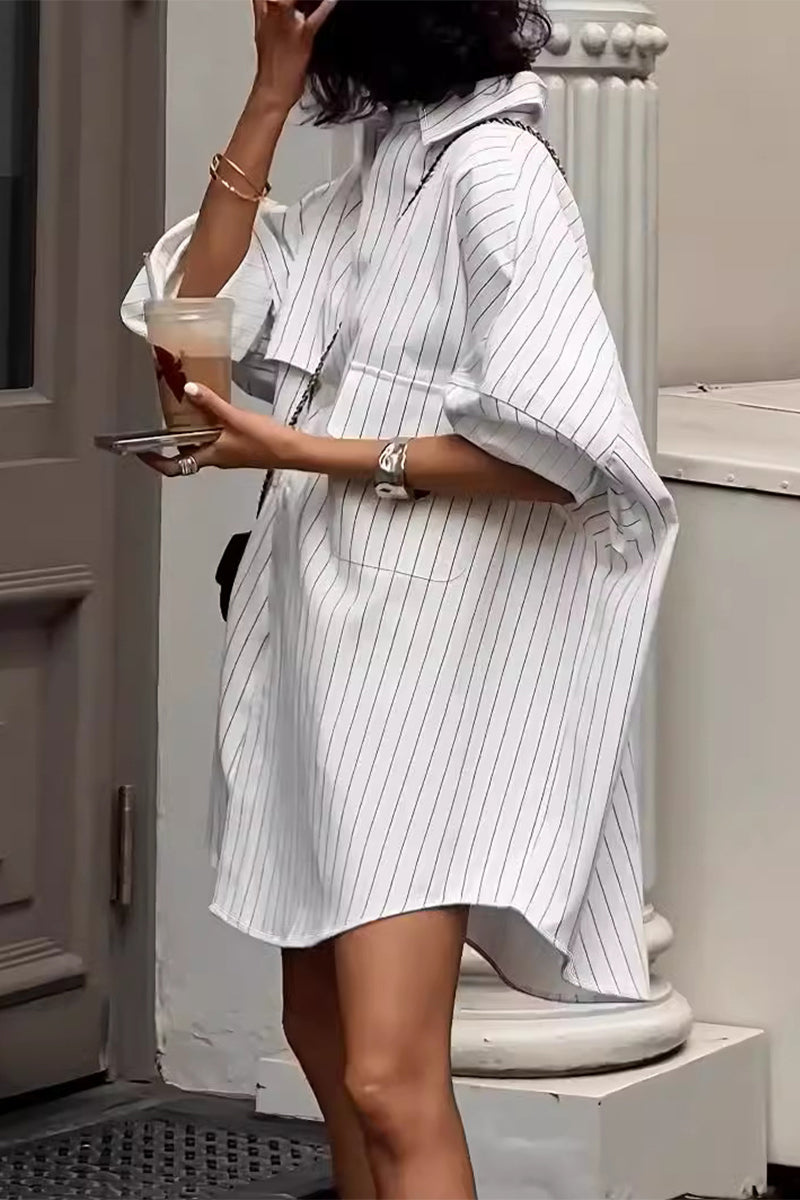 Striped Print Pocket Turndown Collar Blouses