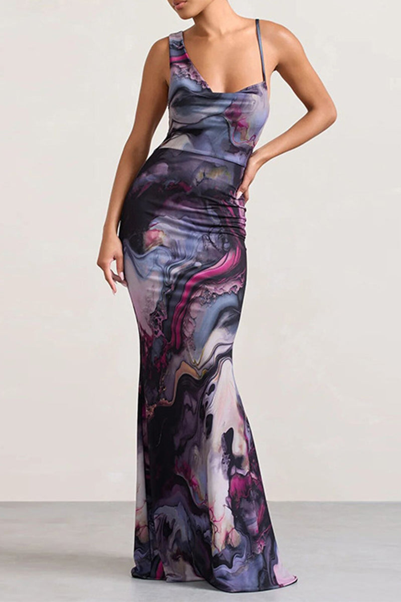 Gradient Print Square Collar One Step Skirt Dresses