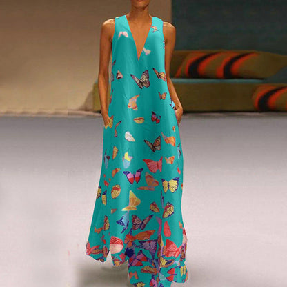 Summer Butterfly Print Beach Dress V-neck Sleeveless Maxi Dress Clothing