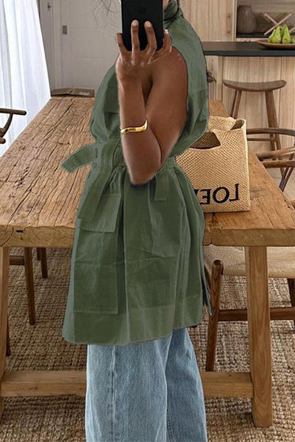 Bandage Pocket Buttons Turn-back Collar Blouses(4 Colors)