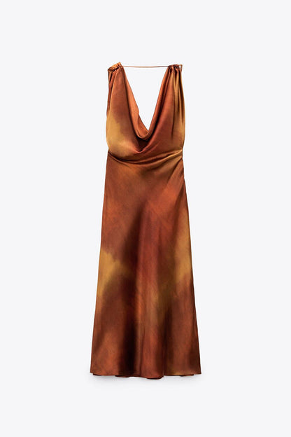 Gradient Print Contrast Scarf Collar One Step Skirt Dresses