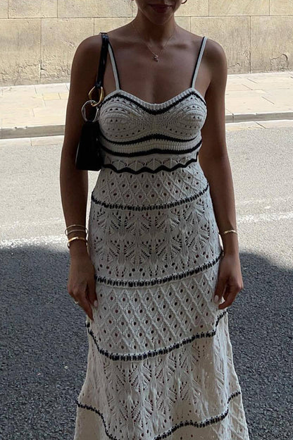 Hollowed Out Contrast Weave V Neck One Step Skirt Dresses